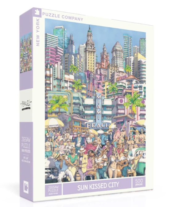 The Sun Kissed City jigsaw puzzle by New York Puzzle Company features a vibrant illustration of Miami Beach, showcasing lively street scenes, colorful buildings, and people enjoying the sunshine. It contains 500 pieces and is perfect for puzzle enthusiasts.