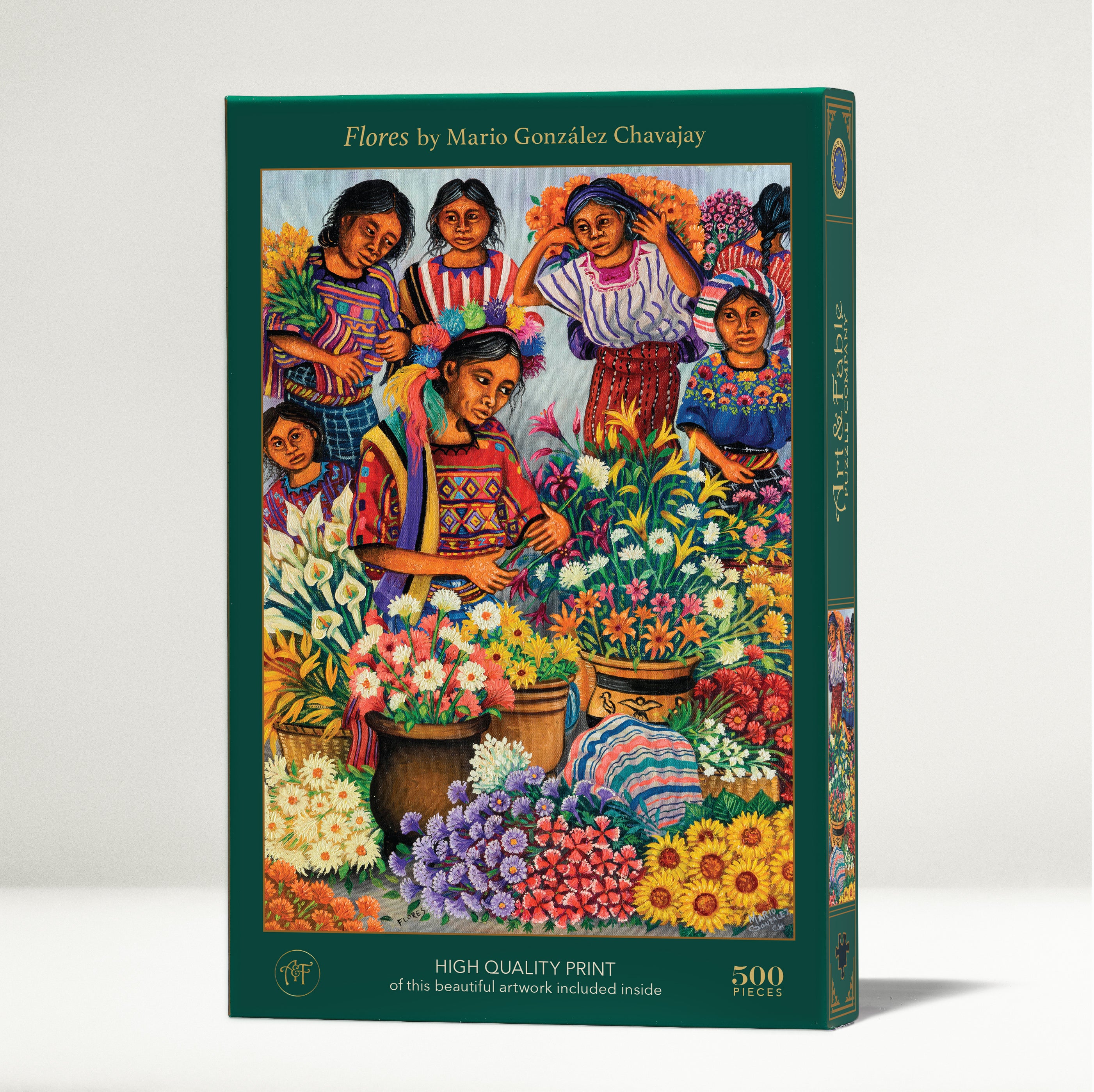 The Flores jigsaw puzzle by Art & Fable Puzzle Co features vibrant artwork by Mario González Chavajay, showcasing women surrounded by colorful flowers in pots. The puzzle contains 500 pieces and comes in an attractive, decorative box highlighting the beautiful print.