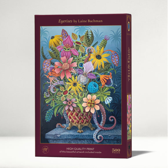 Eyerises jigsaw puzzle by Art & Fable Puzzle Co, featuring a vibrant floral arrangement with colorful flowers, intricate details, and a whimsical style. The puzzle box displays a high-quality print of Laine Bachman's artwork, showcasing 500 pieces ideal for both puzzle enthusiasts and casual gamers.
