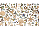 A colorful and intricately designed jigsaw puzzle featuring whimsical shapes including butterflies, flowers, and grape vines. The pieces showcase a variety of patterns and designs, making it visually appealing and perfect for puzzle enthusiasts. Each piece is crafted from wood, ensuring durability and a delightful tactile experience during assembly.