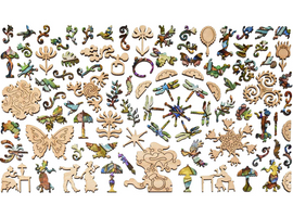 A colorful and intricately designed jigsaw puzzle featuring whimsical shapes including butterflies, flowers, and grape vines. The pieces showcase a variety of patterns and designs, making it visually appealing and perfect for puzzle enthusiasts. Each piece is crafted from wood, ensuring durability and a delightful tactile experience during assembly.