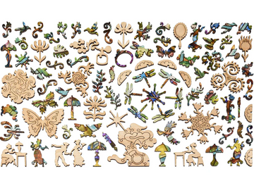 A colorful and intricately designed jigsaw puzzle featuring whimsical shapes including butterflies, flowers, and grape vines. The pieces showcase a variety of patterns and designs, making it visually appealing and perfect for puzzle enthusiasts. Each piece is crafted from wood, ensuring durability and a delightful tactile experience during assembly.