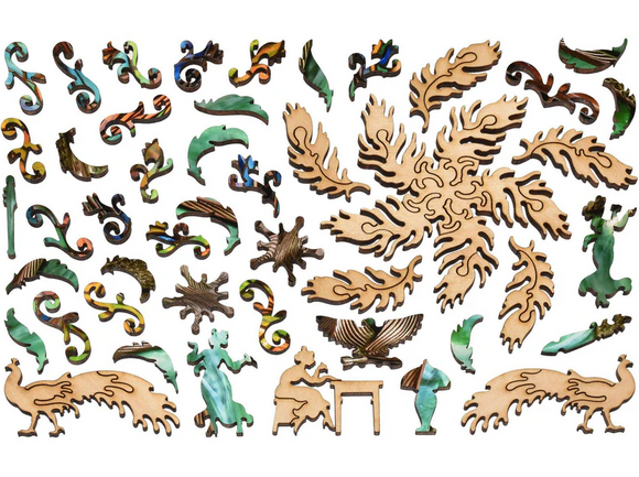 A vibrant assortment of intricately shaped jigsaw puzzle pieces from the Peacock Library Lamp by Liberty Puzzles. Featuring colorful peacock designs and artistic elements, the pieces are made of wood with unique patterns and textures. This jigsaw puzzle showcases a beautiful blend of natural shapes and whimsical characters, ideal for puzzle enthusiasts and art lovers.