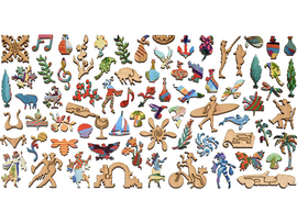 A vibrant and colorful assortment of jigsaw puzzle pieces from the 'Spanish Coast' theme by Liberty Puzzles. The pieces feature intricate designs including surfboards, musical notes, tropical plants, and various iconic symbols representative of coastal culture, all crafted from quality wood.