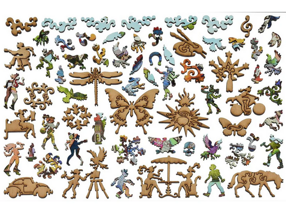 A colorful jigsaw puzzle featuring various intricately designed pieces, including whimsical characters, nature motifs, and abstract shapes. Notable pieces include a butterfly, a dragonfly, and scenes resembling vibrant cultural festivities, all arranged visually appealing on a white background.