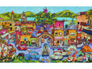 Colorful jigsaw puzzle depicting a vibrant street scene in San Miguel de Allende, featuring charming buildings, vintage cars, a large tree, and people engaging in local activities against a backdrop of hills and blue sky.
