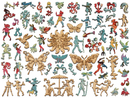 A vibrant jigsaw puzzle featuring various whimsical and colorful pieces, including dancers, butterflies, and flowers. The puzzle showcases a mix of playful designs and intricate shapes, ideal for puzzle enthusiasts and collectors.
