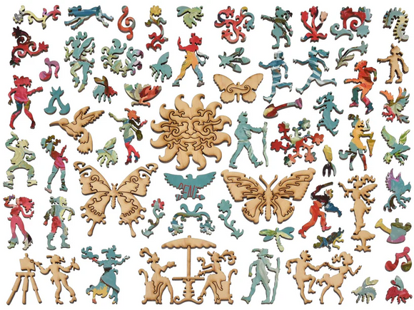 A vibrant jigsaw puzzle featuring various whimsical and colorful pieces, including dancers, butterflies, and flowers. The puzzle showcases a mix of playful designs and intricate shapes, ideal for puzzle enthusiasts and collectors.