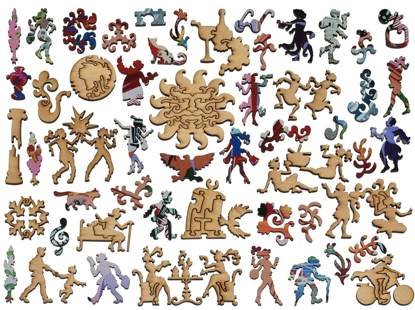 A colorful assortment of intricately designed wooden jigsaw puzzle pieces featuring whimsical shapes and figures, including dancers, animals, and abstract designs, all inspired by the theme of Rome, Italy.