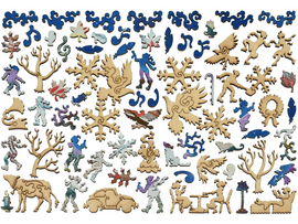 The Snowbirds jigsaw puzzle by Liberty Puzzles features an array of intricate, whimsical wooden pieces, including snowflakes, birds, and playful winter-themed designs. Vibrantly colored elements blend beautiful shades of blue, white, and hints of purple, showcasing a charming and festive scene for puzzle enthusiasts of all ages.