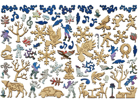 The Snowbirds jigsaw puzzle by Liberty Puzzles features an array of intricate, whimsical wooden pieces, including snowflakes, birds, and playful winter-themed designs. Vibrantly colored elements blend beautiful shades of blue, white, and hints of purple, showcasing a charming and festive scene for puzzle enthusiasts of all ages.