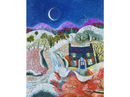A vibrant jigsaw puzzle titled 'Snowbirds' featuring a picturesque winter scene. The image depicts a cozy, dark blue cottage surrounded by a snowy landscape, colorful trees, and rolling hills under a starry night sky. A crescent moon hangs above the serene setting.