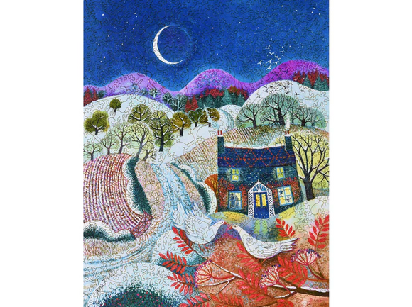 A vibrant jigsaw puzzle titled 'Snowbirds' featuring a picturesque winter scene. The image depicts a cozy, dark blue cottage surrounded by a snowy landscape, colorful trees, and rolling hills under a starry night sky. A crescent moon hangs above the serene setting.