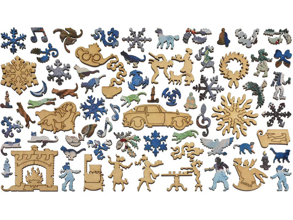 The Cosy Cat jigsaw puzzle features intricately shaped wooden pieces depicting various playful and whimsical designs, including animals, music notes, and snowflakes. Perfect for puzzle lovers, this colorful and creative design adds a cozy touch to your puzzle collection.