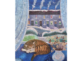 A colorful jigsaw puzzle titled 'Cosy Cat' featuring a sleeping striped cat on a blue surface. In the background, a cozy house is depicted, with smoke rising from the chimney in a starry night sky. The scene is framed by a sheer curtain, adding a touch of warmth and tranquility.