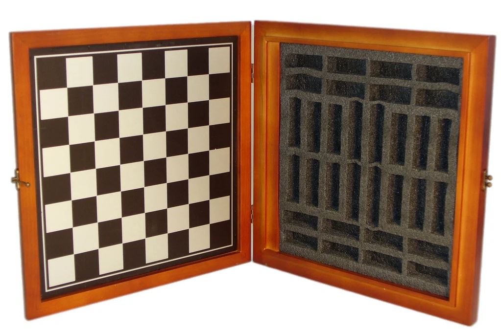 A closed wooden chess set featuring a black and white checkered board on one side and a cushioned compartment for piece storage on the other. The board is framed elegantly, designed for pet lovers with cat and dog motifs.