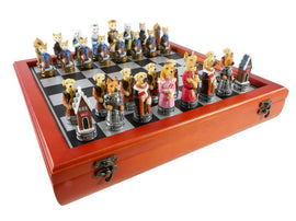 A whimsical chess set featuring intricately designed pawns shaped like cats and dogs, set on a classic black and white checkered board. The set is housed in a stylish wooden case with a clasp, showcasing detailed characters in historical attire, perfect for pet lovers and chess enthusiasts alike.