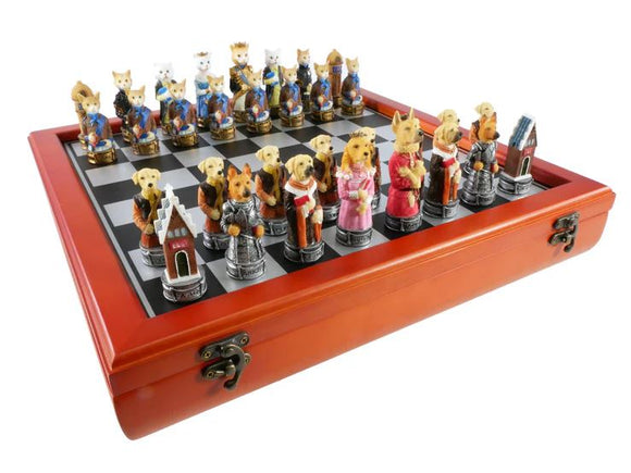 A whimsical chess set featuring intricately designed pawns shaped like cats and dogs, set on a classic black and white checkered board. The set is housed in a stylish wooden case with a clasp, showcasing detailed characters in historical attire, perfect for pet lovers and chess enthusiasts alike.