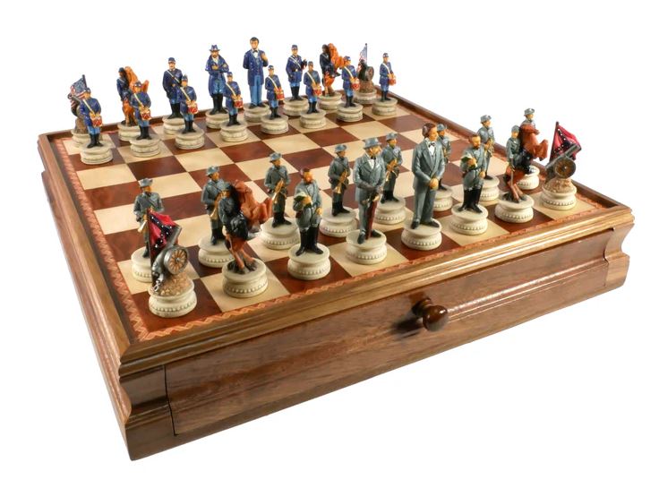 Chess set featuring a Civil War theme with intricately designed pieces representing Union and Confederate soldiers. The chessboard is made of polished walnut, displaying a classic checkered pattern. The set is both decorative and functional, perfect for collectors and game enthusiasts alike.