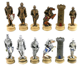A set of intricately designed chess pieces themed as knights in armor. The collection includes various knight figures, a horse, and a castle tower, all featuring detailed craftsmanship with both silver and bronze finishes, mounted on wooden bases.