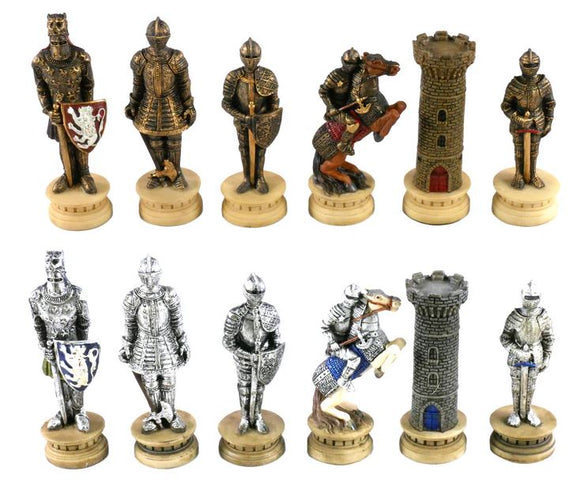 A set of intricately designed chess pieces themed as knights in armor. The collection includes various knight figures, a horse, and a castle tower, all featuring detailed craftsmanship with both silver and bronze finishes, mounted on wooden bases.