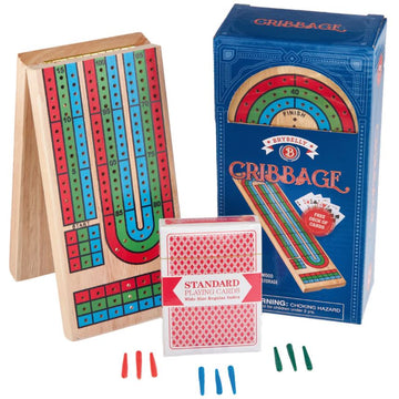 Brybelly Cribbage game featuring a three-lane foldable board made of wood, a deck of standard playing cards, and pegs in red and blue colors. The board displays a colorful scoring track with start and finish points.