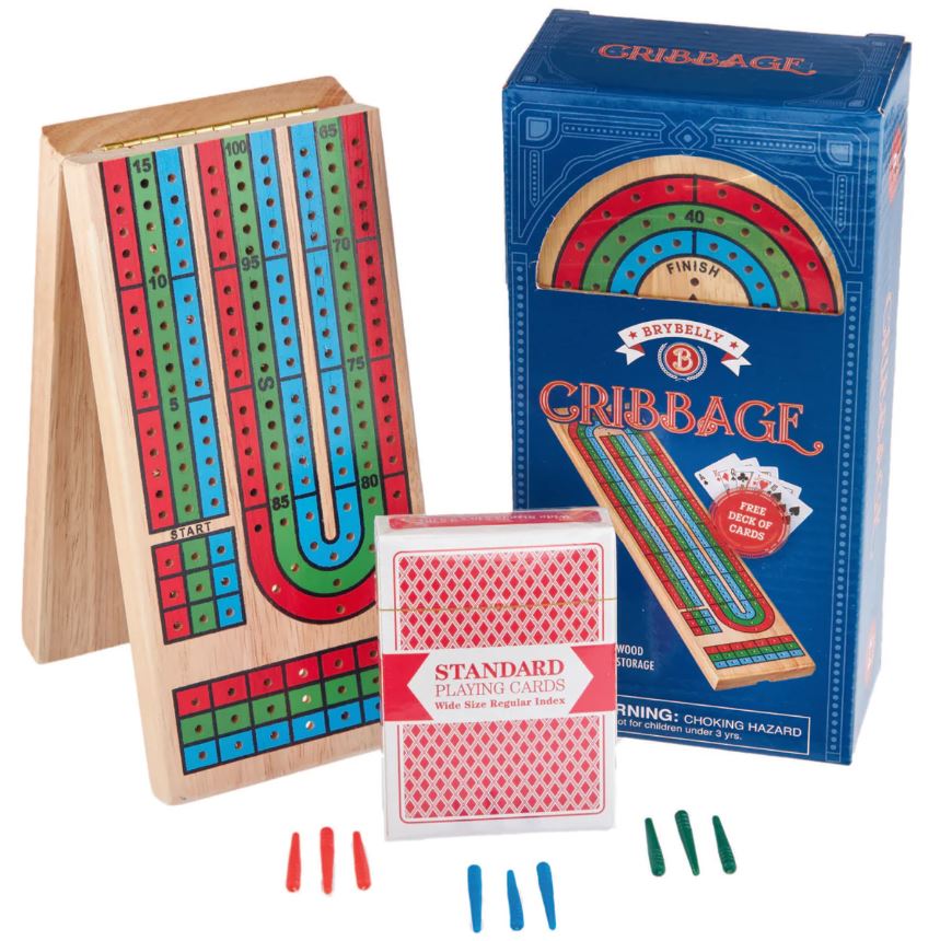 Brybelly Cribbage game featuring a three-lane foldable board made of wood, a deck of standard playing cards, and pegs in red and blue colors. The board displays a colorful scoring track with start and finish points.