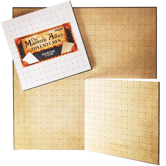 The Masters Atlas Dry Erase RPG Board by Brybelly, featuring two large dry erase surfaces with a grid pattern for role-playing games. The box showcases vibrant graphics with the product name and description, ideal for convenient gaming sessions.
