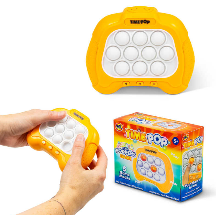 A colorful Time Pop light push popper toy in bright yellow is shown with a person's hand pressing down on one of the poppers. The toy features multiple poppable buttons designed for engaging play. The packaging displays the product name and details about its fun game modes, making it an entertaining fidget toy for kids and adults alike.