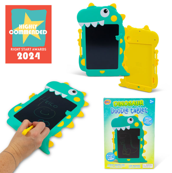 A colorful Dinosaur LCD Drawing Tablet designed for kids, featuring a friendly green dinosaur shape with yellow spots and eyes. A hand is holding a stylus to write 'Hello' on the tablet's black LCD screen. The packaging displays the product title and highlights its award designation.