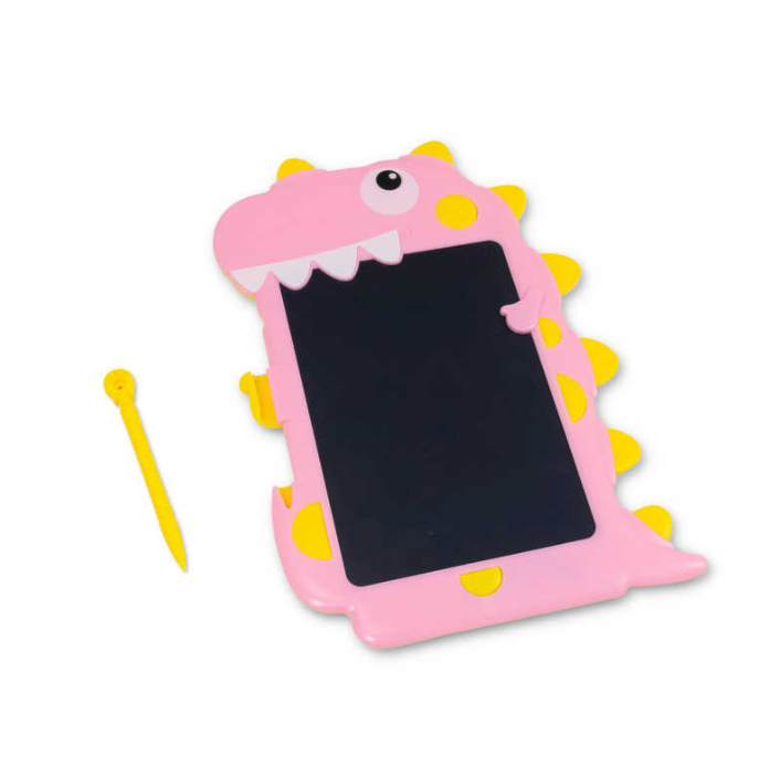 A bright pink dinosaur-themed LCD drawing tablet designed for children. The tablet features a cute dinosaur head with playful eyes and yellow spiky details along its back. Included is a yellow stylus for drawing, making it a fun and interactive tool for creativity and learning.