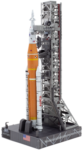 Premium Series: Artemis Moon Rocket DIY kit by Fascinations, featuring a detailed model of the NASA Artemis rocket on its launch stand, showcasing intricate design and vibrant colors.