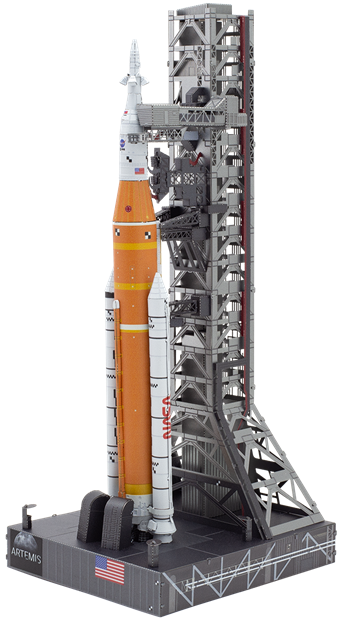 Premium Series: Artemis Moon Rocket DIY kit by Fascinations, featuring a detailed model of the NASA Artemis rocket on its launch stand, showcasing intricate design and vibrant colors.