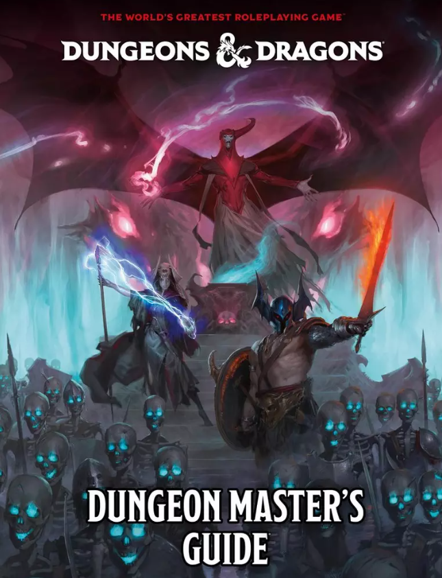 The cover of the D&D Dungeon Master's Guide 2024 featuring dynamic artwork. It depicts a dramatic scene with a powerful wizard and a warrior facing off against dark forces, surrounded by ghostly blue-eyed skeletons and mystical energy. The title is prominently displayed at the bottom.