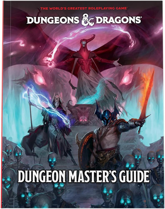 The cover of the Dungeons & Dragons Dungeon Master's Guide 2024 features dynamic artwork with a mage wielding lightning and a warrior in armor amidst a backdrop of skeletons and magical energy, representing the epic realms of roleplaying adventures.