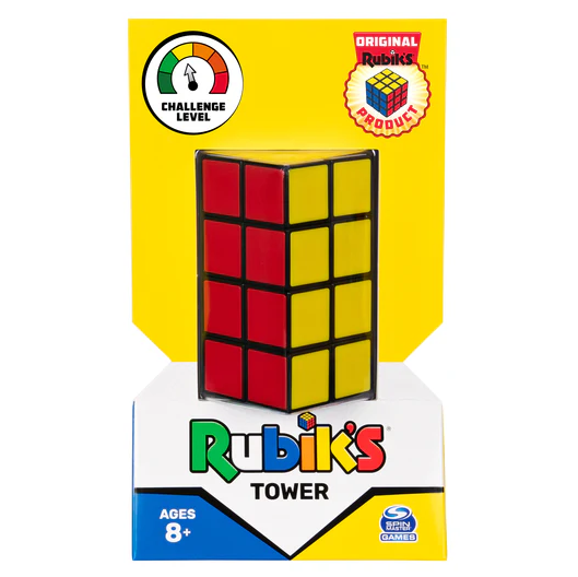 Rubik's Tower, a 2x2x4 mechanical puzzle, featuring vibrant red and yellow panels on a black background. The packaging highlights a challenge level indicator and states it's suitable for ages 8 and up, made by Spin Master.