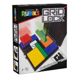 The Rubik's Cube Gridlock Game by Spin Master features a sleek box design with a grid-like pattern and colorful game pieces. It promises 88 challenging puzzles to solve, targeted for ages 7 and up. The game accommodates 1 to 4 players and emphasizes strategic thinking and problem-solving skills.