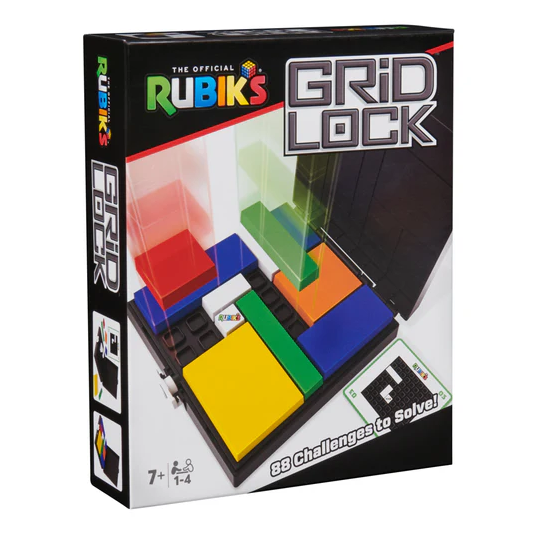 The Rubik's Cube Gridlock Game by Spin Master features a sleek box design with a grid-like pattern and colorful game pieces. It promises 88 challenging puzzles to solve, targeted for ages 7 and up. The game accommodates 1 to 4 players and emphasizes strategic thinking and problem-solving skills.