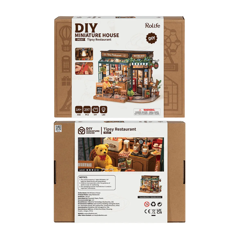 The Tipsy Restaurant Model by Robotime is an engaging DIY miniature house kit. The packaging showcases a beautifully crafted bistro scene with detailed interior features, including a cozy teddy bear, colorful food items, and a warm, inviting atmosphere. Ideal for ages 14 and up, this kit contains 297 pieces and includes LED lighting for an enchanting display.