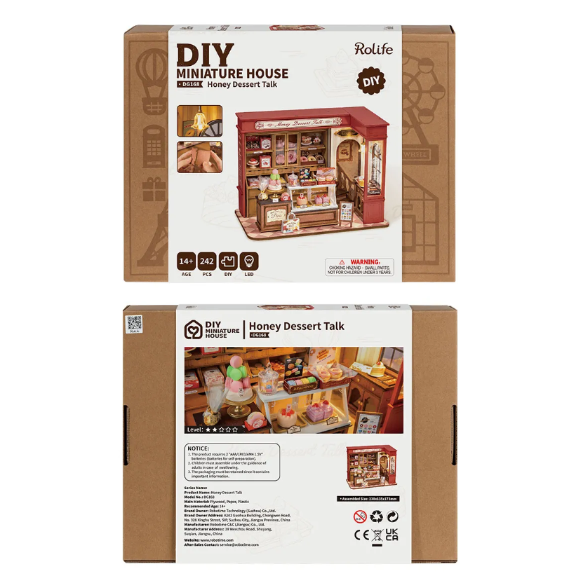 The Honey Dessert Talk DIY Miniature House model kit by Robotime features an intricately designed dessert shop with 242 pieces. The kit includes LED lights for an enchanting display and is suitable for ages 14 and up. The packaging displays the model assembled with various dessert items and a cozy shop atmosphere.