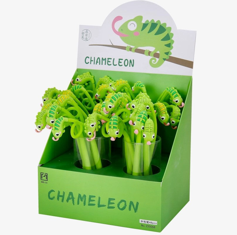 Display of Chameleon Gel Pens by BC Mini, featuring vibrant green pens shaped like chameleons with cute eyes and a playful design, perfect for fun writing and drawing.