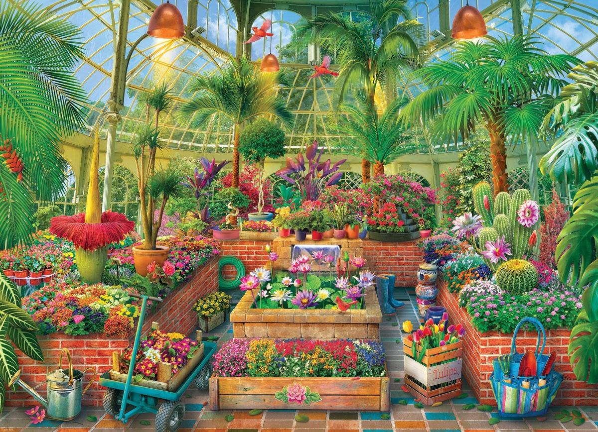 A vibrant and colorful greenhouse filled with a variety of flowers and plants, featuring brick walls, potted plants, and gardening tools like a watering can and a wheelbarrow. The sunlight filters through the glass roof, illuminating the lush greenery and blooming flowers.