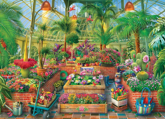 A vibrant and colorful greenhouse filled with a variety of flowers and plants, featuring brick walls, potted plants, and gardening tools like a watering can and a wheelbarrow. The sunlight filters through the glass roof, illuminating the lush greenery and blooming flowers.