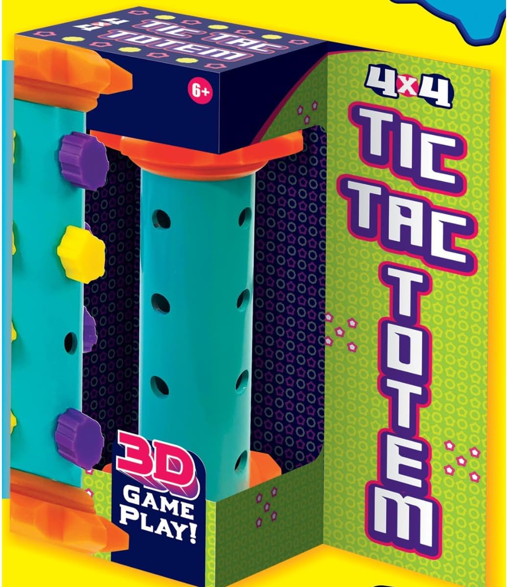 The Tic Tac Totem 4X4 game by Blast Off Toys and Games features a colorful vertical tower with hexagonal game pieces in yellow and purple. The packaging highlights '3D GAME PLAY!' and recommends the game for ages 6 and up, emphasizing fun and strategic play.