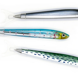A set of three unique tinned fish pens featuring realistic fish design elements. Each pen showcases vibrant colors and intricate details, perfect for creative writing or as a novelty item.