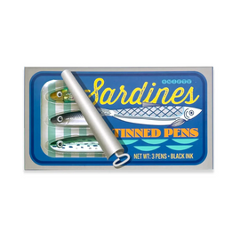 A whimsical packaging of Snifty's 10 Tinned Fish Pens featuring three colorful fish-themed pens in a sardine can design. The pens come in vibrant colors with a metallic silver lid, emphasizing their playful and unique style. The package indicates they contain black ink and highlights the quirky design appealing to both kids and adults alike.