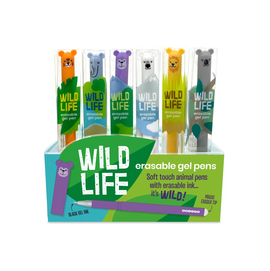 Display box of Wild Life Erasable Gel Pens by Snifty featuring six soft-touch animal designs. Each pen has a unique color and a magic eraser tip for easy corrections. Perfect for fun and creative writing, these pens add a wild touch to your stationery.