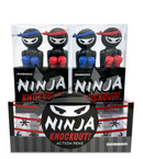 A display box of Ninja Knockout Action Pens by Snifty. The package contains two ninja figurines, one wearing a blue headband and the other sporting a red headband, with exaggerated boxing gloves. The pens are designed in a playful, cartoonish style, appealing to both kids and adults who enjoy whimsical stationery.