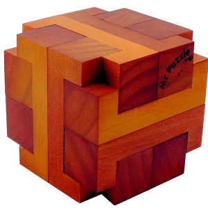The Boston Tea Chest by Mr. Puzzle is a beautifully crafted mechanical puzzle featuring interlocking wooden pieces in rich, warm tones. Its intricate design invites puzzlers to engage in problem-solving as they work to disassemble and reassemble the cube. The puzzle showcases a combination of craftsmanship and fun, making it a delightful addition to any puzzle collection.