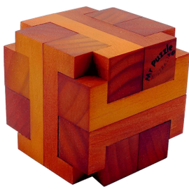 The Boston Tea Chest by Mr. Puzzle is a beautifully crafted mechanical puzzle featuring interlocking wooden pieces in rich, warm tones. Its intricate design invites puzzlers to engage in problem-solving as they work to disassemble and reassemble the cube. The puzzle showcases a combination of craftsmanship and fun, making it a delightful addition to any puzzle collection.